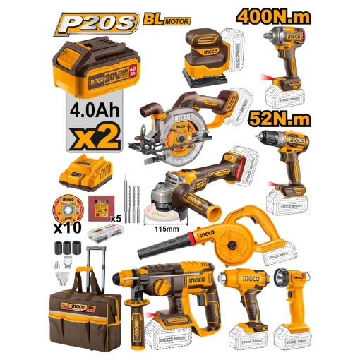 Picture of COMBO KIT INDUSTRIAL 20V PS CORDLESS 9 PIECE INGCO


